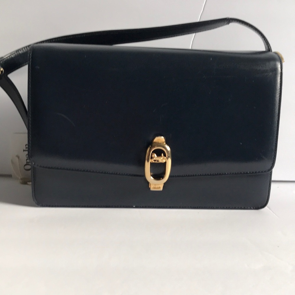 Pre-Loved Vintage Celine Navy Leather Shoulder Bag with Gold Hardware